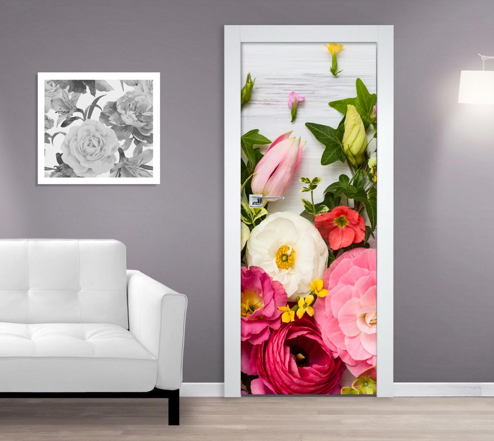 Samolepící fototapeta na dveře 95x210cm - květiny na bílém dřevě