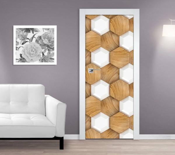 Samolepící fototapeta na dveře 95x210cm - 3D dřevěná mozaika